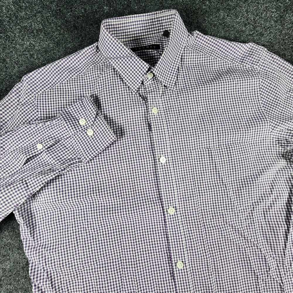 Theory Button Down Shirt Mens Large Purple Gingham Check Long Sleeve Pocket